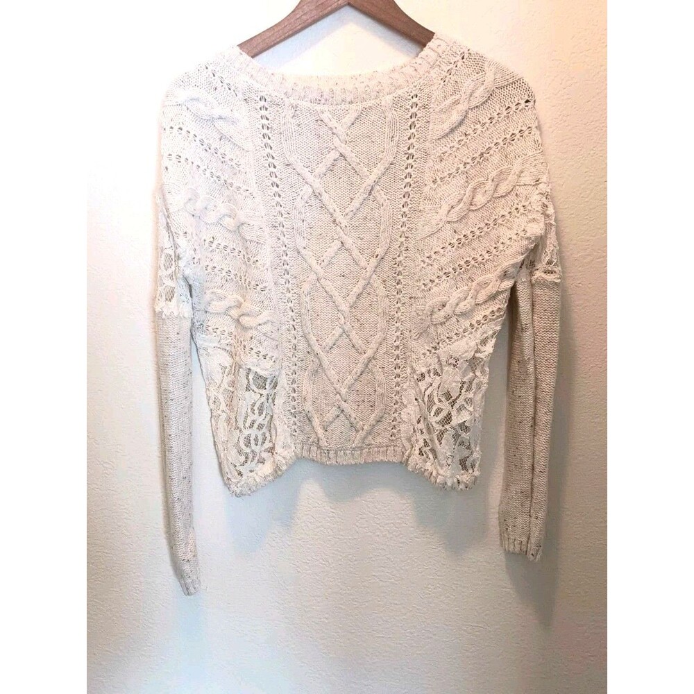 Vtg HOLLISTER Lace Cable Knit Sweater Beige Women's Sz L Long Sleeve Bella Swan